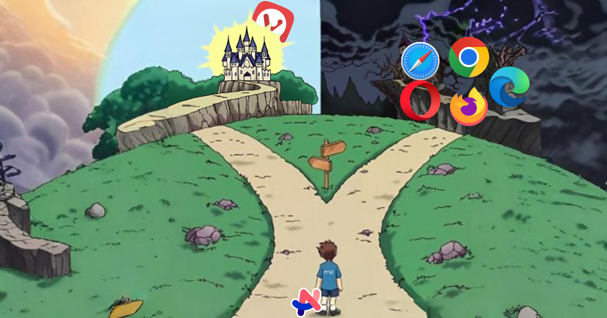 Person holding hands with the Arc icon at a crossroads. To the right, a dark castle in a storm with the major browser logos. To the left, a castle in the sunset with the Vivaldi logo sneaking behind it.