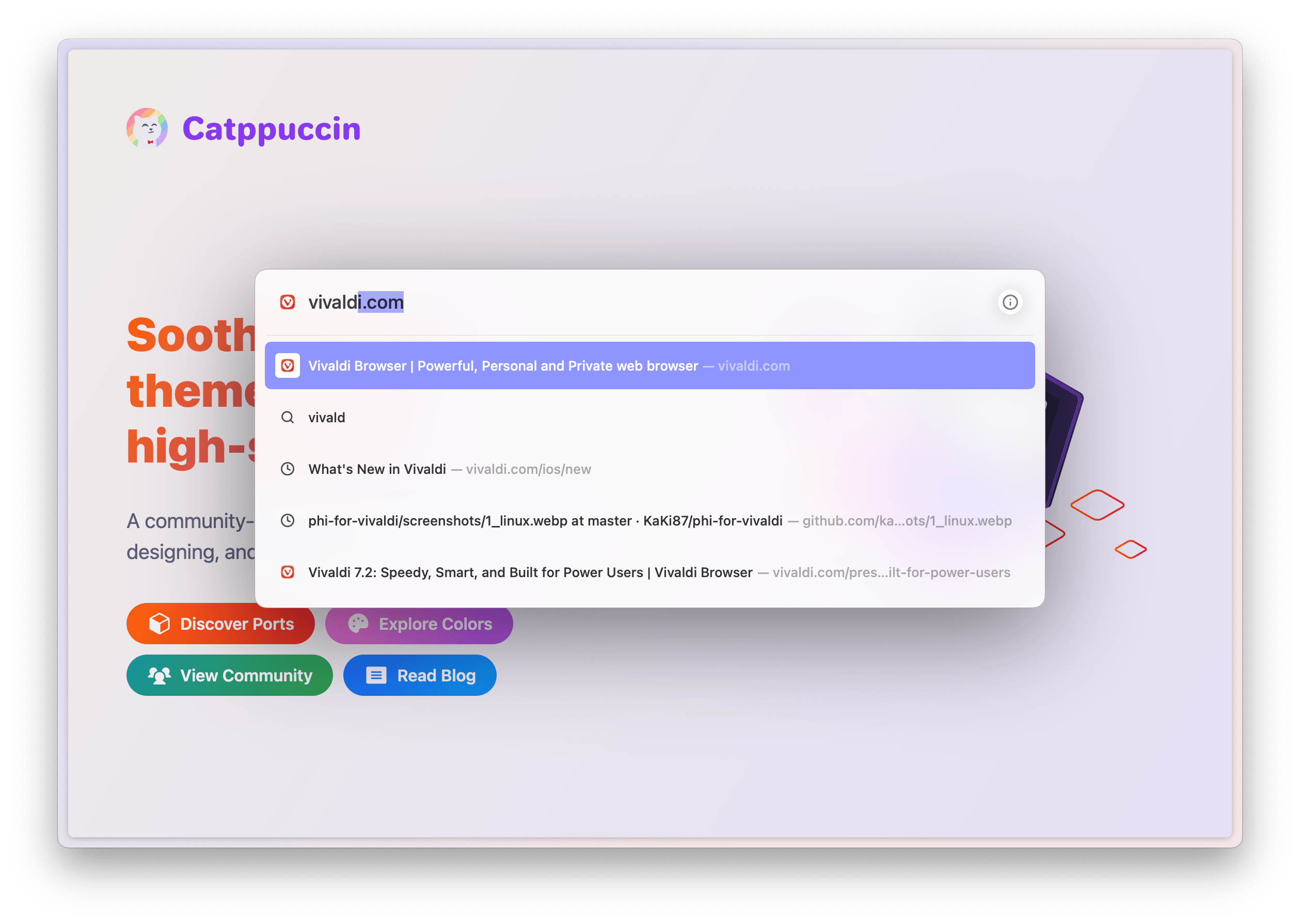 Screenshot of Arc's command palette. I typed "Vivaldi" and the command palette is displaying suggestions for the Vivaldi site, searching for Vivaldi, and some matches in my browsing history. My active tab is still visible in the background.