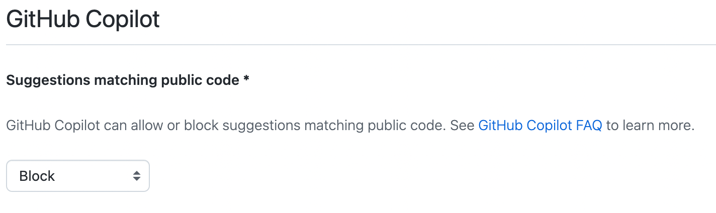 Screenshot of a GitHub Copilot settings displaying the option to block suggestions from public code.
